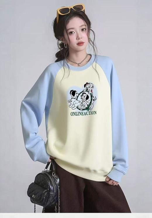 🔥🔥【潮牌卫衣】圆领牛奶绒～插肩袖拼色宽松加绒卫衣-喜出 商品图0