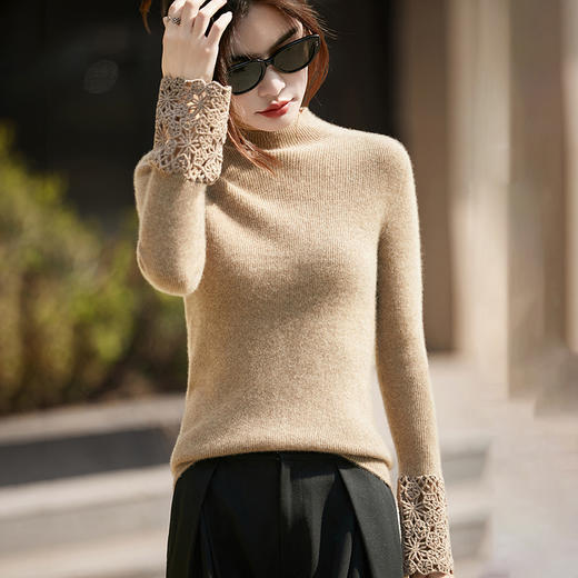 丁摩 钩花紧身高弹100%纯羊毛衫女修身毛衣BT-6826 商品图1