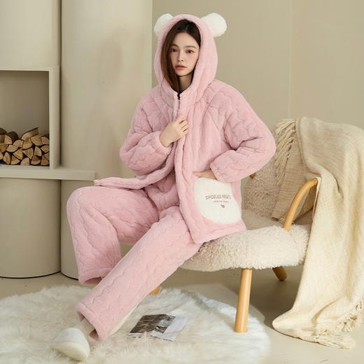 雀说 【超厚加绒】三层夹棉珊瑚绒休闲连帽家居服套装 商品图2