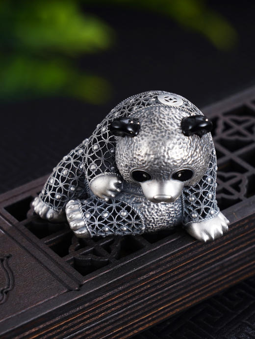 子佩集S999银【动感熊猫】茶宠【JJYS006】纯银仿古花丝小摆件2412 商品图0