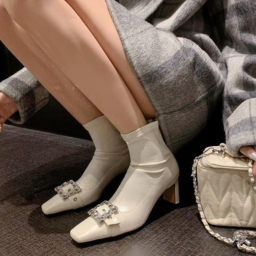2025秋冬法式方头水钻方扣粗跟短靴女小个子高跟弹力瘦瘦靴马丁靴 商品图1