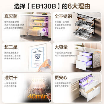 海尔（Haier）EB130B小红花嵌入式消毒柜家用灭菌舱130L 光波巴氏消毒3.0 大容量消毒碗柜三门三抽 白色母婴级 商品图5