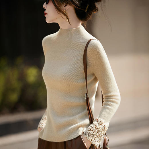 丁摩 钩花紧身高弹100%纯羊毛衫女修身毛衣BT-6826 商品图0