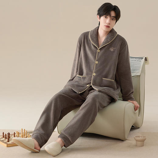 雀说 冬季保暖加绒加厚柔软珊瑚绒男士睡衣 商品图2