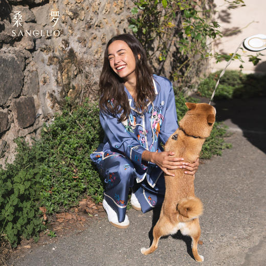 【孙千同款】明星同款桑罗魔法小狗桑蚕丝俏皮撞色家居服女四季可穿情侣家居服眼罩睡裙 商品图2