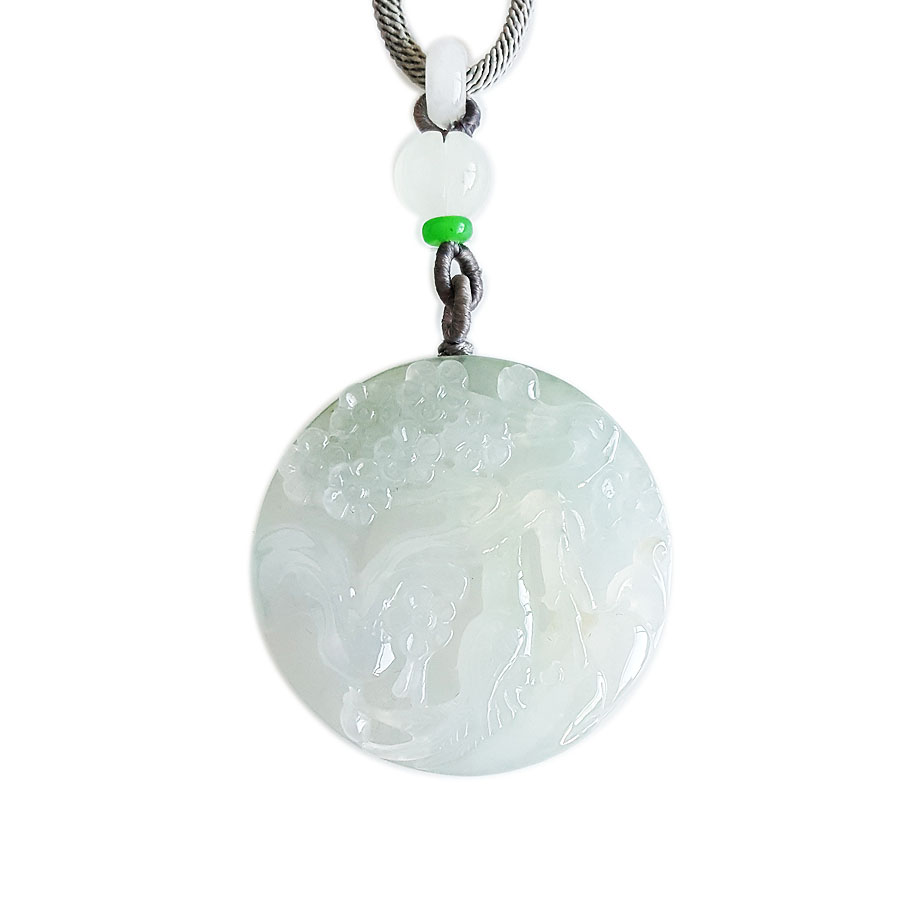 【天然正品】天然收藏级细腻冰种喜上眉梢圆形平安无事牌翡翠吊坠项链311025AH05