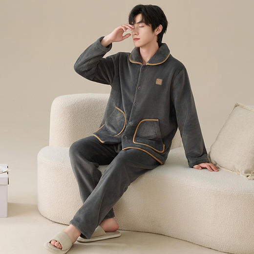 雀说 冬季保暖加绒加厚柔软珊瑚绒男士睡衣 商品图3