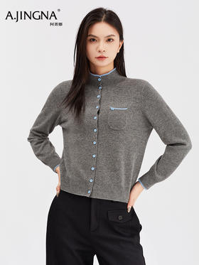 【 松弛感H型】阿菁娜冬季新款撞色扣绵羊毛开衫半高领设计松弛感H型F30D318009