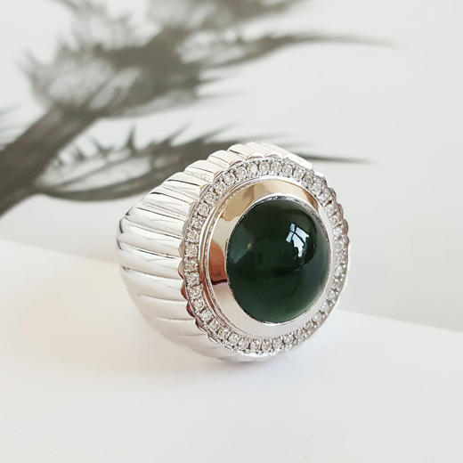 【天然正品】AU750收藏级白金镶钻镶天然细腻老坑油青冰种蛋面翡翠宽版戒指141125AH39 商品图3