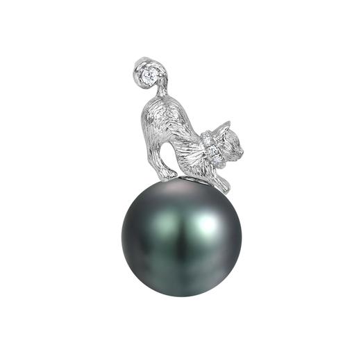 【挚友限定】猫咪-18K金钻石孔雀绿珍珠吊坠10-11mm 商品图0