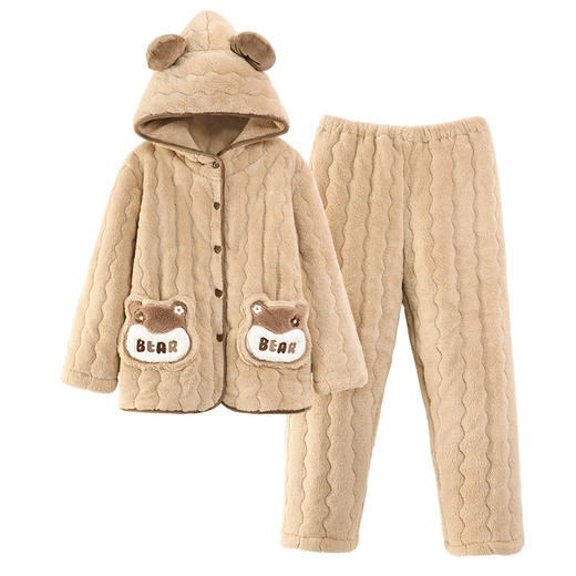 雀说 【超厚加绒】三层夹棉珊瑚绒休闲连帽家居服套装 商品图4