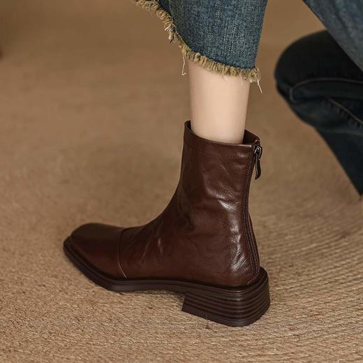 【预售5天】巨好搭~英伦风方头粗跟短靴手抓纹羊皮单靴中跟靴子&087-2 商品图3