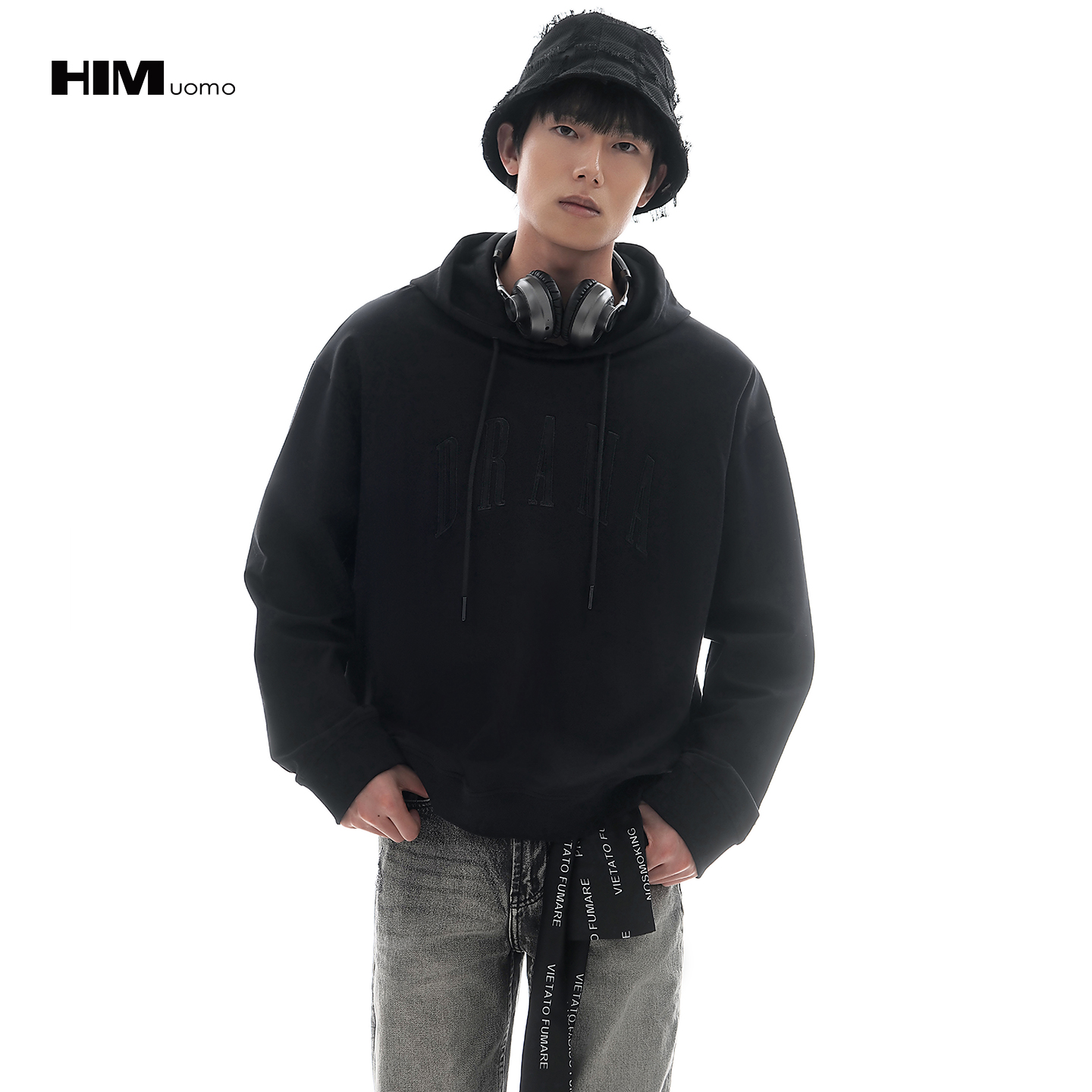 HIM漢崇 潮流字母绣花套头连帽卫衣男宽松休闲运动帽衫 2025秋季