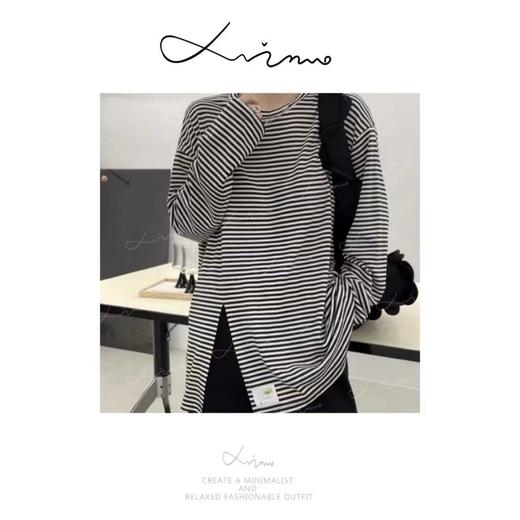 【超值特卖】条纹中长侧开叉超软糯长袖T恤-喜出 商品图1