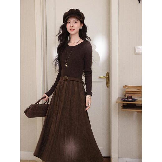 鹿向南「暖衣栖梦」深咖色拼接梭织连衣裙秋冬季中长款披肩裙子女 商品图4