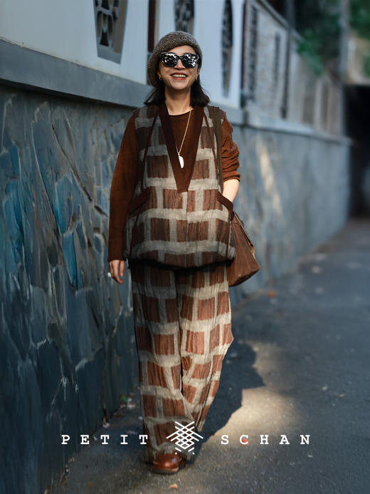 PETIT SCHAN小闪 CLO#976 Courtyard 庭院 棉亚麻松紧腰格纹冬款直筒裤 商品图2