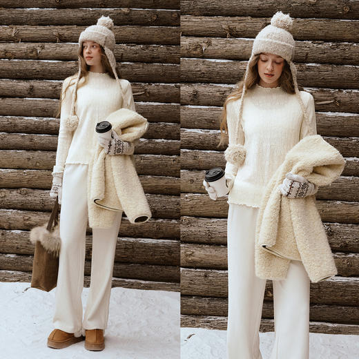 木耳边蕾丝提花半高领微透套头针织衫女冬季内搭法式杏色长袖T恤 商品图2