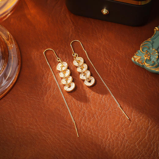 雀说 中国风五帝钱锆石耳环招财气质长款流苏耳饰E810604 商品图1