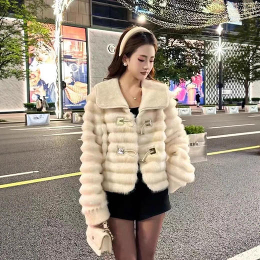 2025冬季时尚龙猫外套翻领新款仿獭兔毛短款毛毛横纹大衣 商品图1