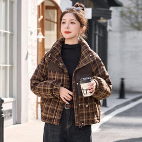 HR YBX8995文艺风羽绒服休闲宽松格纹拼接PU白鸭绒外套