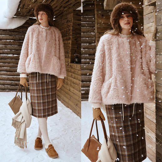 OLrain欧芮儿2025新款冬季粉色仿皮毛一体环保皮草宽松短款外套女 商品图2