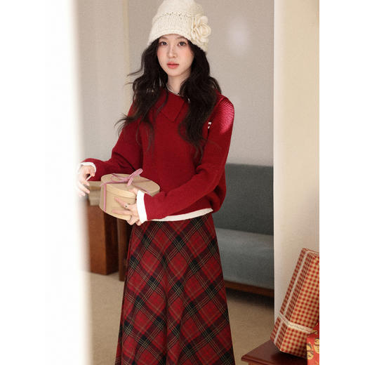 鹿向南「心动降临」酒红色针织毛衣上衣女秋冬格纹高腰半身裙套装 商品图3