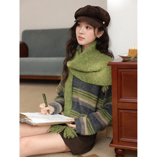 鹿向南「青纹绿围」慵懒风条纹绿色毛衣女秋冬别致独特针织衫上衣 商品图3