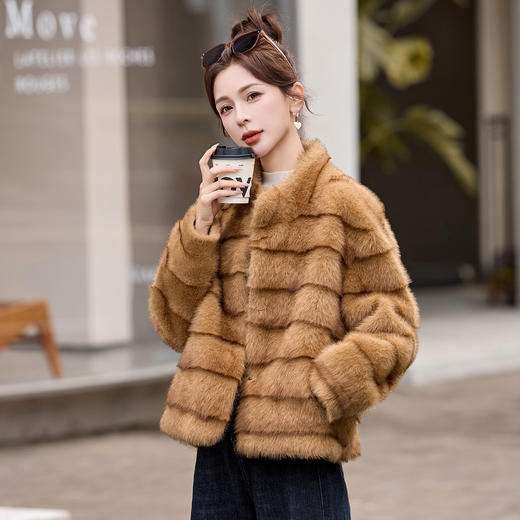 时尚洋气仿水貂皮毛一体，立领短款保暖外套HR-LNS9786 商品图0