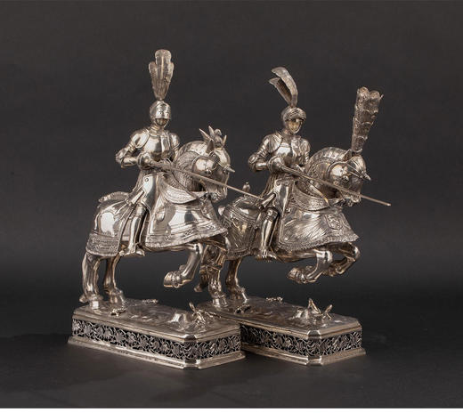 独角鹿西洋古董1927年英国伦敦出品纯银精雕「长矛骑士」主题雕像摆件一对 商品图1