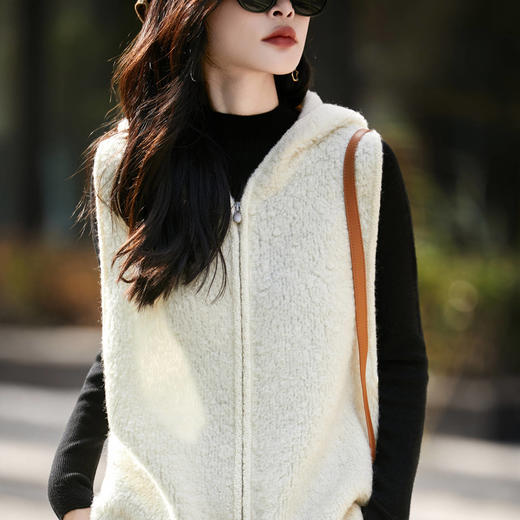 丁摩 100%纯羊毛马甲女外搭拉链连帽背心  PY-5158 商品图2