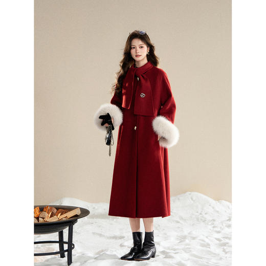 鹿向南「观山月」高级感复古红色双面毛呢外套女装冬季长款大衣 商品图0