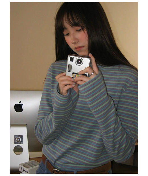 💖【秋冬主打款】仟梓赫 蓝绿条纹火山岩双面德绒打底衫❗️冬湖蓝➕松枝绿配色也太好看了🌞秋冬主打款，是普通打底的2倍厚，贴肤穿和羊绒一样舒服😌 商品图1