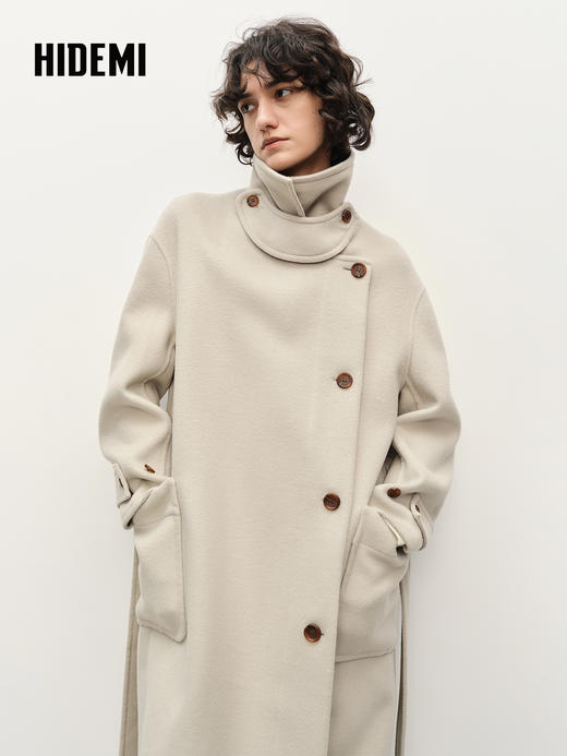 HIDEMI 进口澳洲美利奴羊毛不对称立领腰带极简设计感长款大衣 商品图3