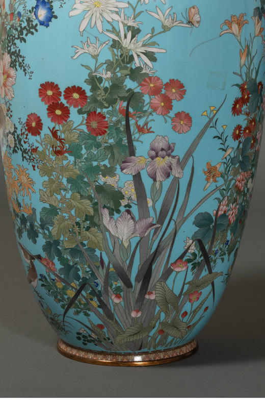 独角鹿西洋古董19世纪日本明治时期出品百卉珍禽主题蓝地七宝烧花瓶 商品图5