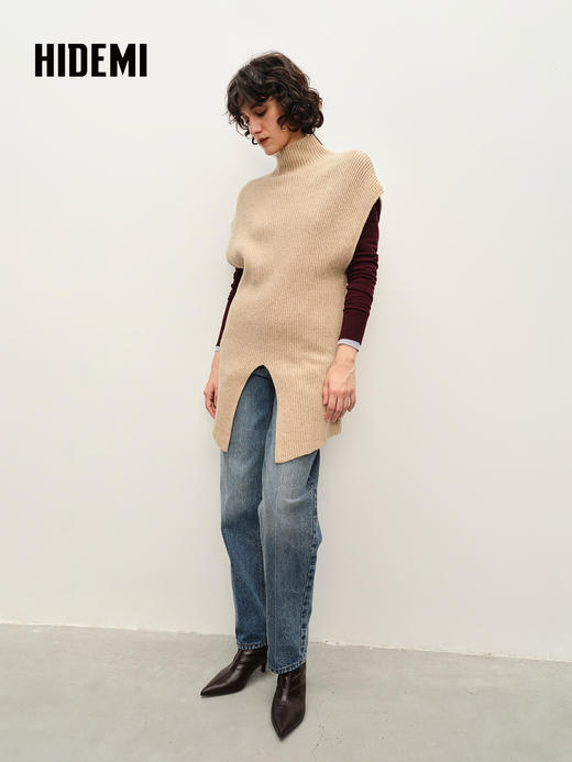 HIDEMI 简约开衩设计感进口羊毛花纱半 廓形多穿式马夹 商品图3