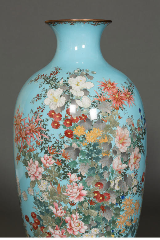 独角鹿西洋古董19世纪日本明治时期出品百卉珍禽主题蓝地七宝烧花瓶 商品图3