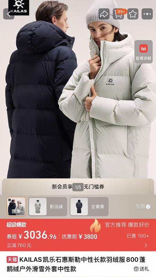 男女同款代工厂进出专柜大爆款凯乐石惠斯勒长款鹅绒服 商品图4