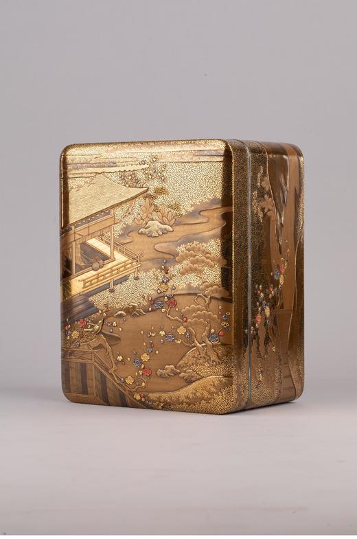 独角鹿西洋古董1910年代日本明治时期出品源氏物语「初音」主题莳绘手箱 带原盒 商品图1