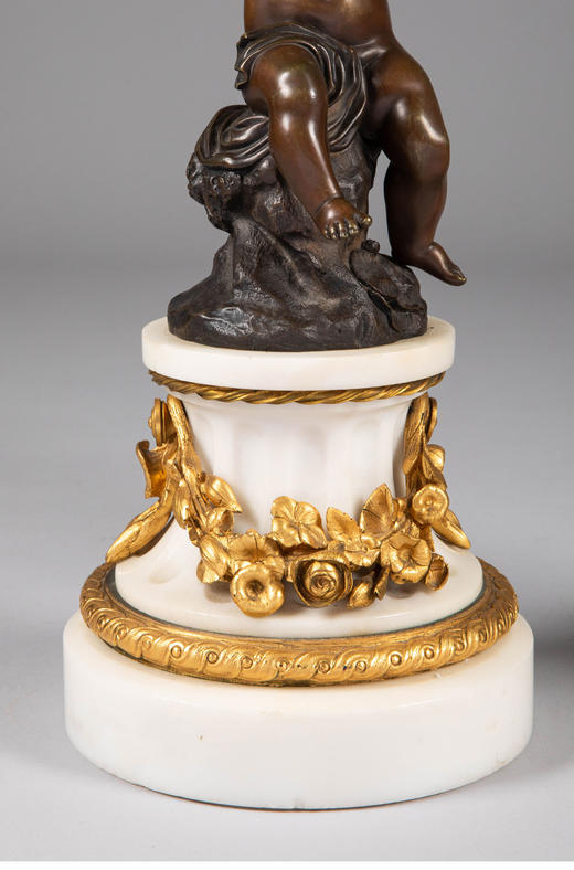 独角鹿西洋古董19世纪法国出品路易十六风格花卉主题铜鎏金雕饰大理石底座嵌青铜小天使多支烛台一对 商品图5