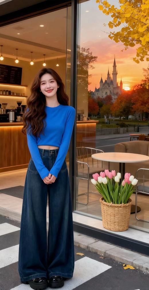 D120223一件过冬~冬季新款加绒复古高腰双口袋垂感显瘦直筒阔腿牛仔裤 商品图7