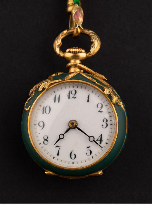 独角鹿西洋古董1900年代美国出品新艺术风格花卉主题18k黄金红色玑镂珐琅镶嵌钻石手动上弦胸针怀表 商品图5