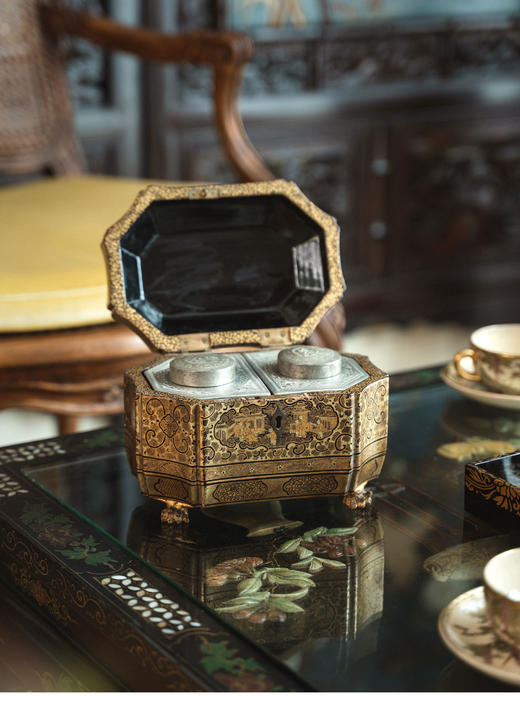 【已售】独角鹿西洋古董19世纪中国出品外销描金漆器庭园人物图双联罐茶叶盒 商品图2