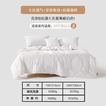 水星家纺被子空调被夏凉被抗菌七孔纤维夏被子约1.9斤150*210cm白 商品图1