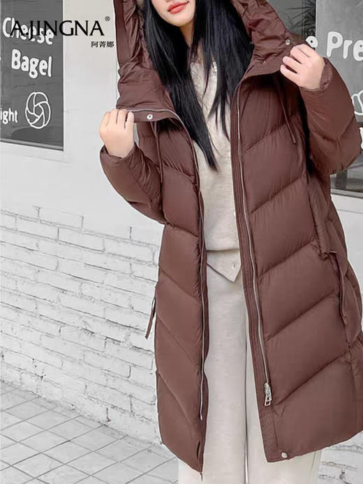 【 连帽立领】阿菁娜冬季新款显瘦中长款羽绒服连帽立领双倍暖直身剪裁松弛感高蓬松鸭绒F30D216022 商品图2