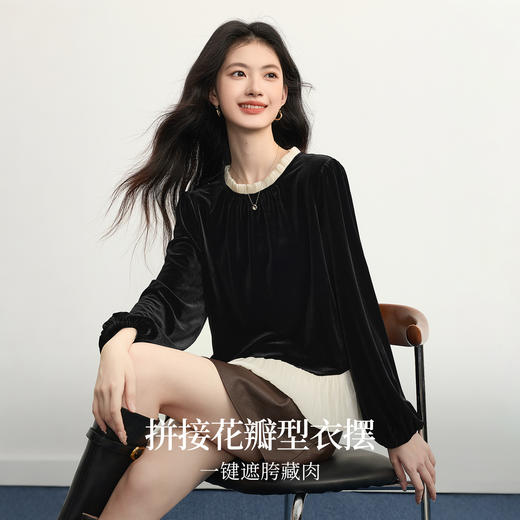 【12/03新品】熙世界鎏光复古丝绒衬衫女秋冬新款法式撞色荷叶边宽松假两件上衣 商品图1