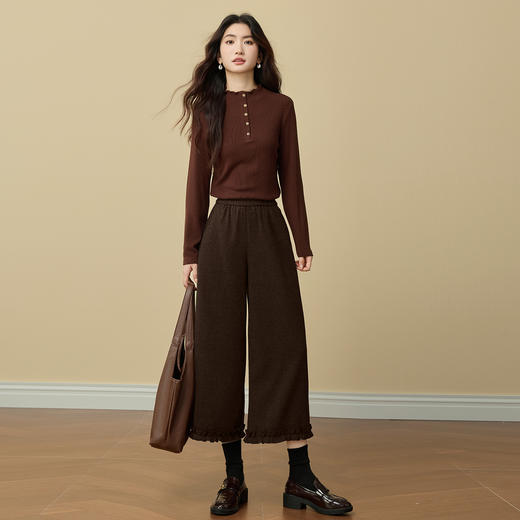 【12/03新品】熙世界灰色木耳花边阔腿裤女2025秋冬新款小个子八九分直筒休闲裤 商品图3