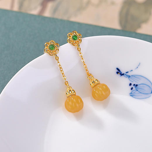 【美好祝福】S925纯银镀金蜜蜡梅花葫芦南瓜珠耳饰【CW-ED04243】 商品图1