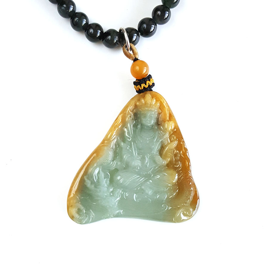 【天然正品】A货翡翠天然细腻糯种持莲观音（平安安乐）随形平安无事牌黄翡珠串项链54.1*49.7*6.3MM（皆取最大值）中性211125NJS12 特价