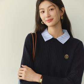 【严选】诗凡黎可脱卸领金扣麻花针织衫2025冬新款学院风针梭拼套头毛衣7GC133451