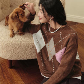 【严选】诗凡黎撞色菱格提花针织衫2025冬新款复古慵懒宽松软糯套头毛衣女7GC133371